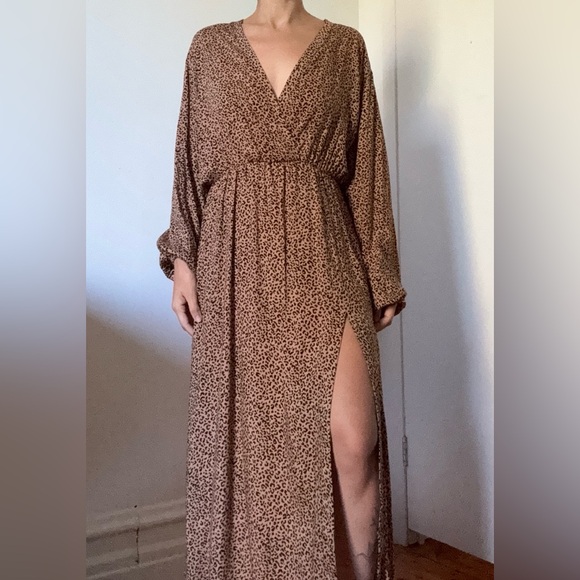 Robe longue léopard fendue manches longues maxi dress split wrap long sleeves - Picture 1 of 5
